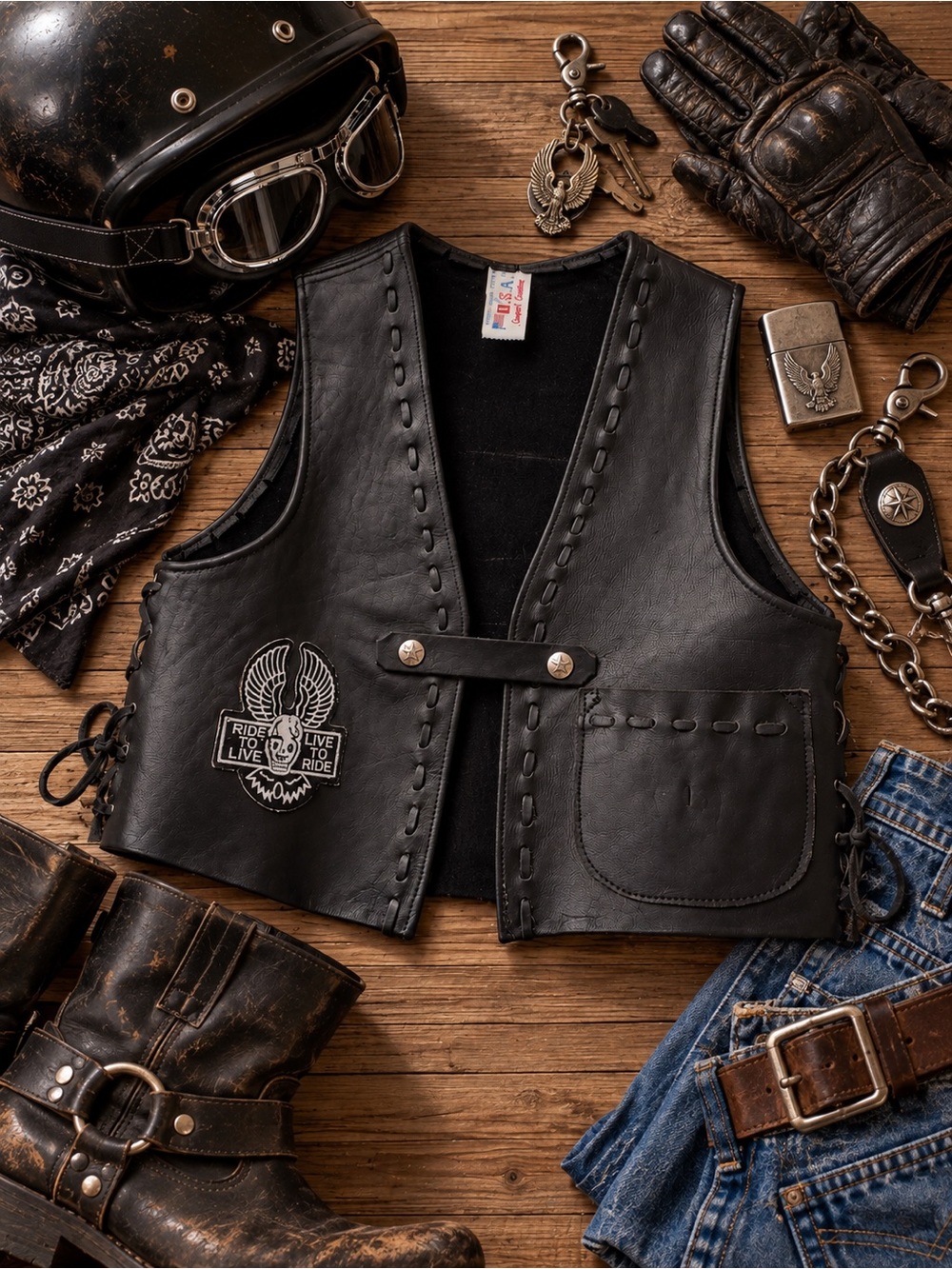 Vintage USA Genuine Leather Motorcycle Biker Vest Ride to Live Skull Eagle Patch